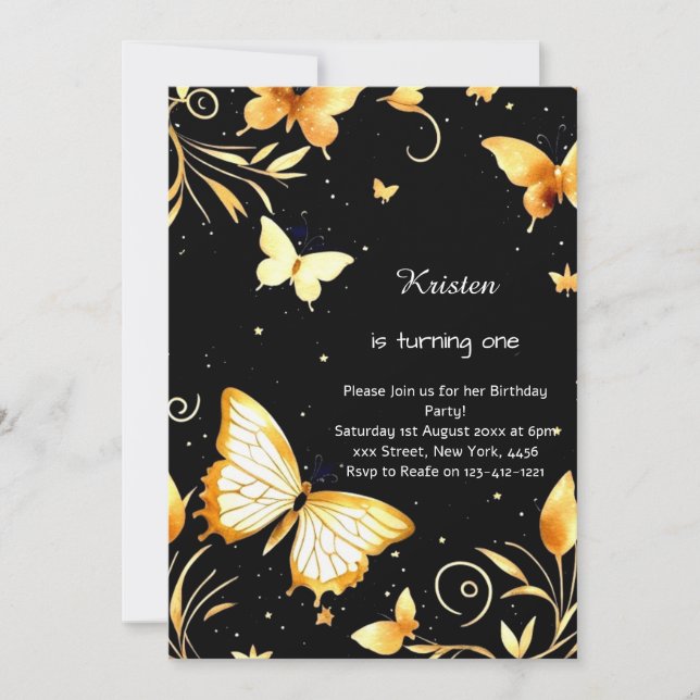 Invitación de cumpleaños de mariposa (Anverso)