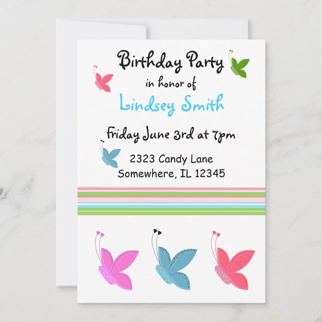 Invitación de cumpleaños de mariposa (Anverso)