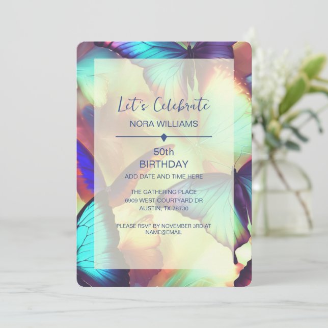 Invitación de cumpleaños de mariposa (Anverso de pie)