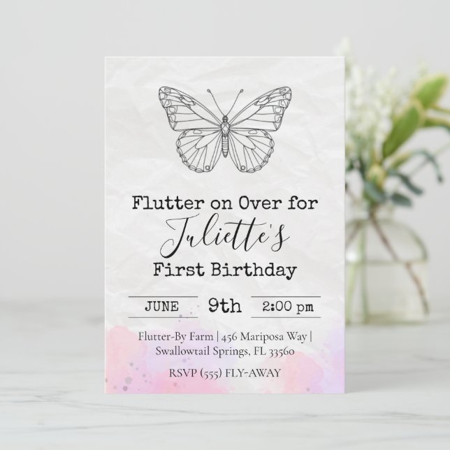 Invitación de cumpleaños de mariposa (Anverso de pie)