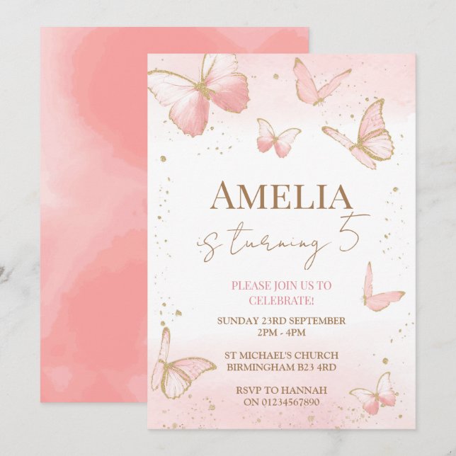 Invitación de cumpleaños de mariposa (Anverso / Reverso)