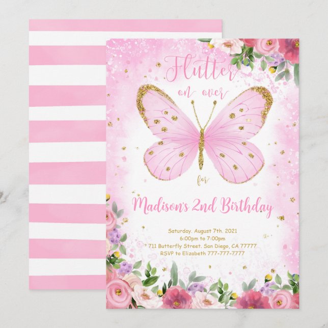 Invitación de cumpleaños de mariposa (Anverso / Reverso)