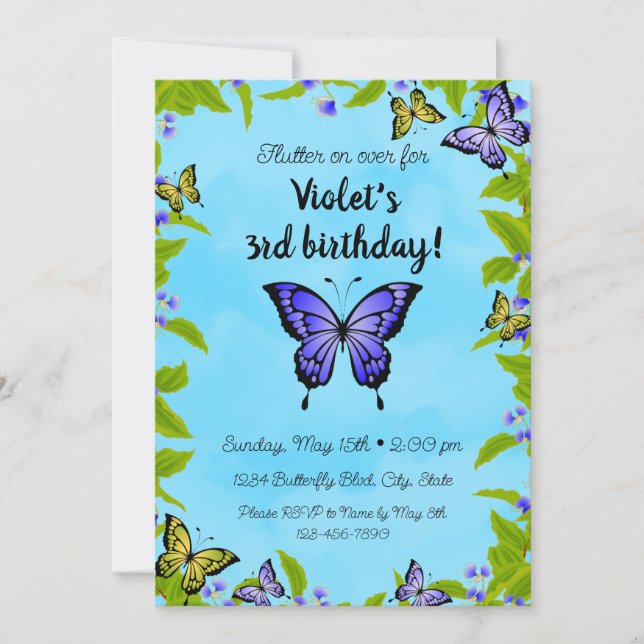 Invitación de cumpleaños de mariposa (Anverso)