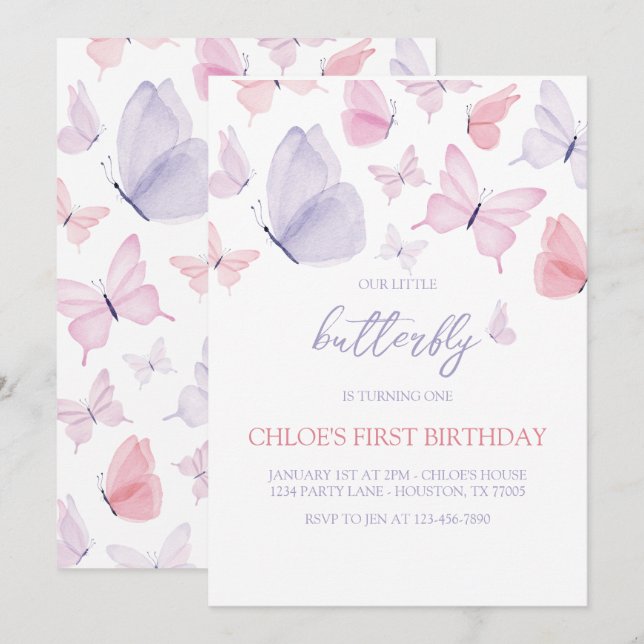 Invitación de cumpleaños de mariposa (Anverso / Reverso)