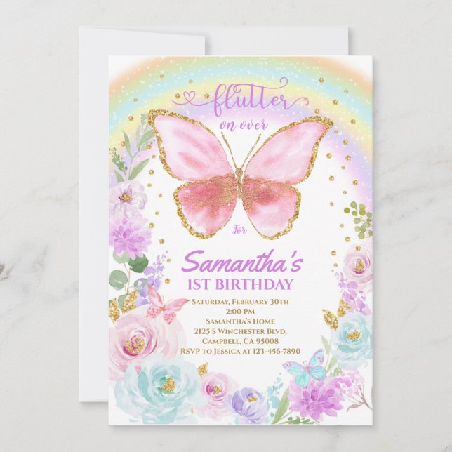 Invitación de cumpleaños de mariposa (Anverso)