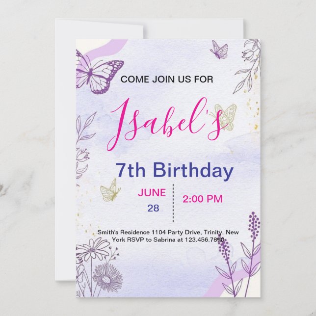 Invitación de cumpleaños de mariposa (Anverso)