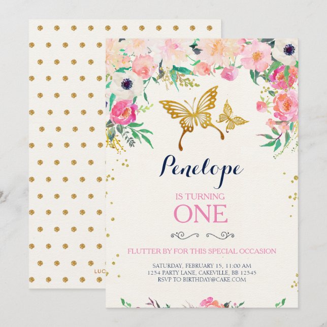 Invitación de cumpleaños de mariposa (Anverso / Reverso)