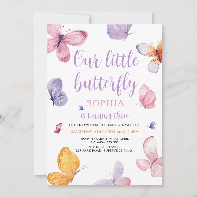 Invitación de cumpleaños de mariposa (Anverso)