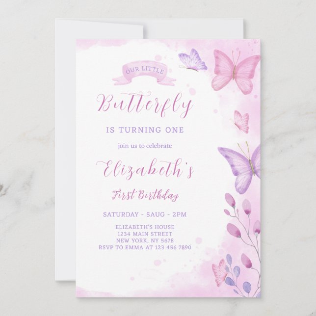 Invitación de cumpleaños de mariposa (Anverso)