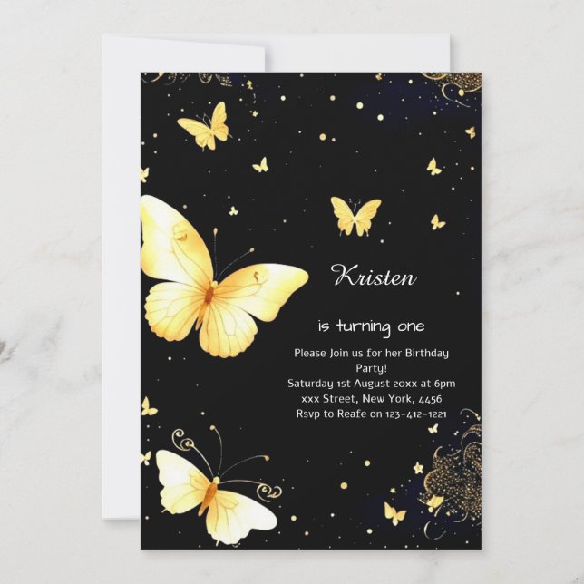 Invitación de cumpleaños de mariposa (Anverso)
