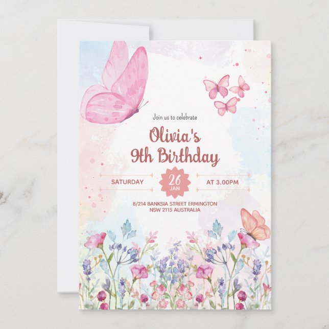 Invitación de cumpleaños de mariposa al pastel de  (Anverso)