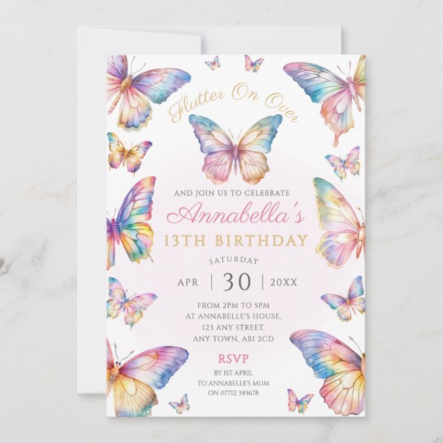 Invitación de cumpleaños de mariposa arcoíris (Anverso)
