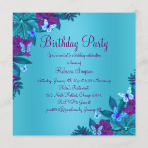 Invitación de cumpleaños de mariposa azul y morado
