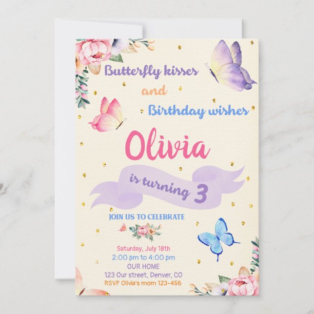 Invitación de cumpleaños de mariposa Besos de mari (Anverso)