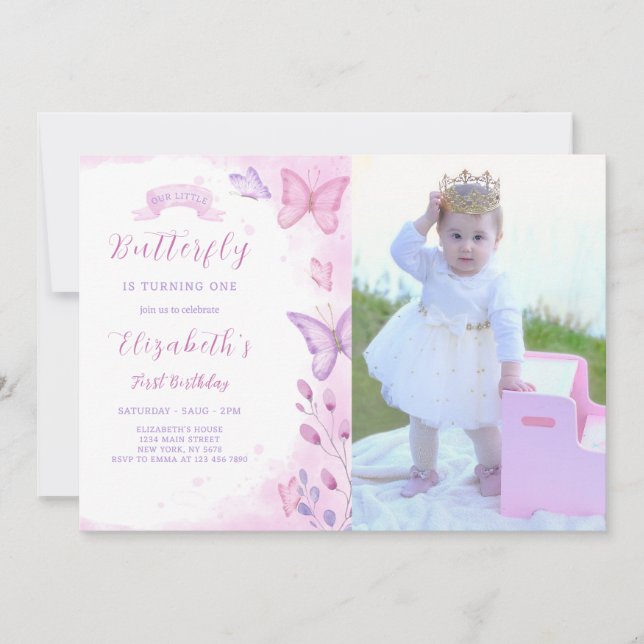 Invitación de cumpleaños de mariposa con foto (Anverso)