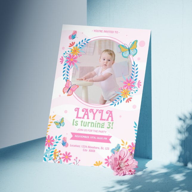 Invitación de cumpleaños de mariposa con foto (Subido por el creador)