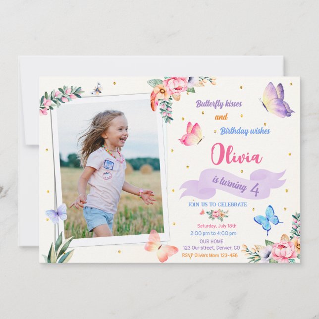 Invitación de cumpleaños de mariposa con foto (Anverso)