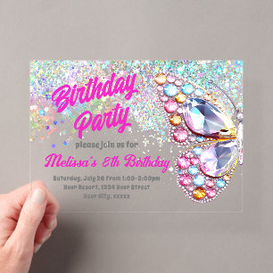 Invitación de cumpleaños de mariposa de gemas