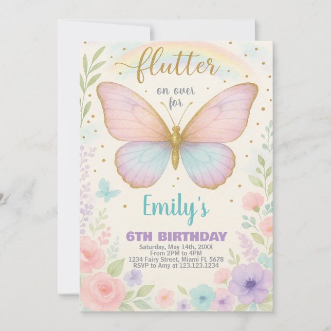 Invitación de cumpleaños de mariposa delgada (Anverso)