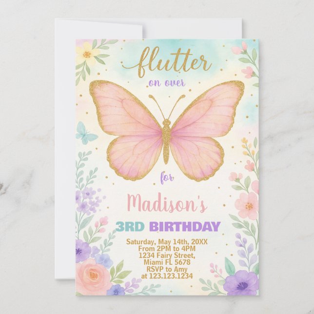 Invitación de cumpleaños de mariposa editable (Anverso)