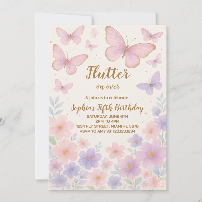 Invitación de cumpleaños de mariposa editable para (Anverso)