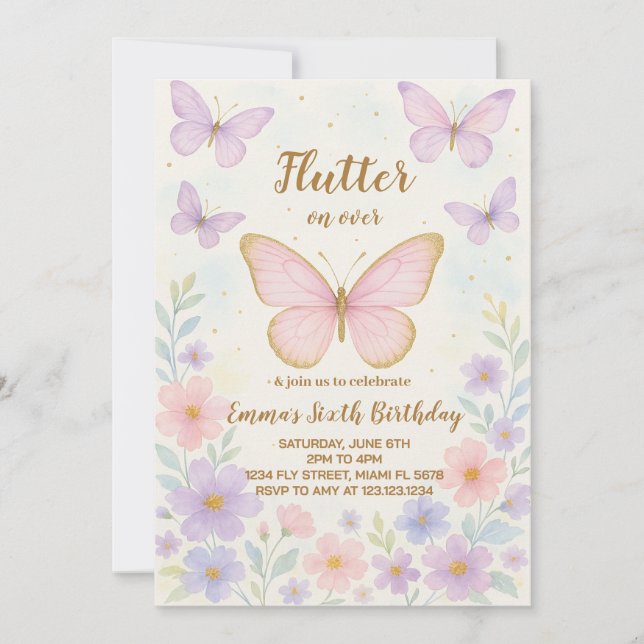 Invitación de cumpleaños de mariposa editable para (Anverso)