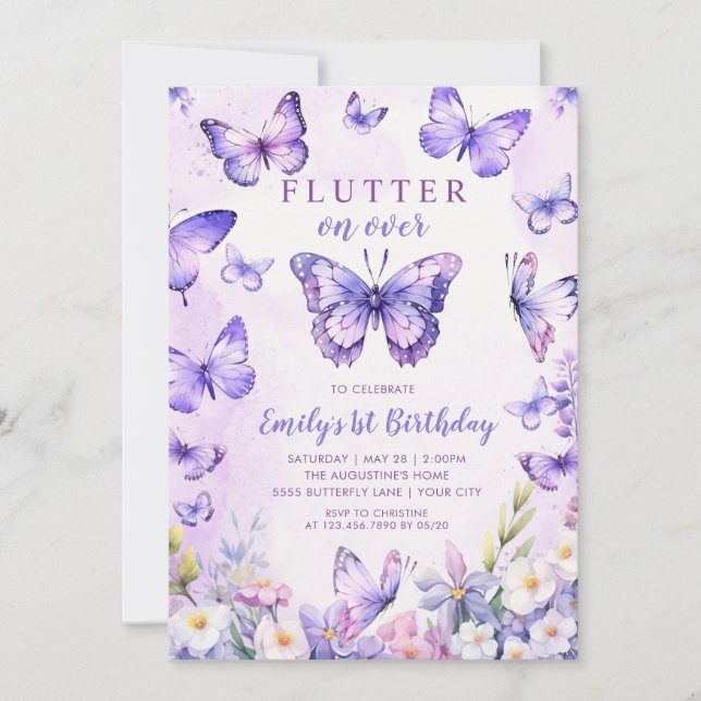 Invitación de cumpleaños de mariposa floral (Anverso)