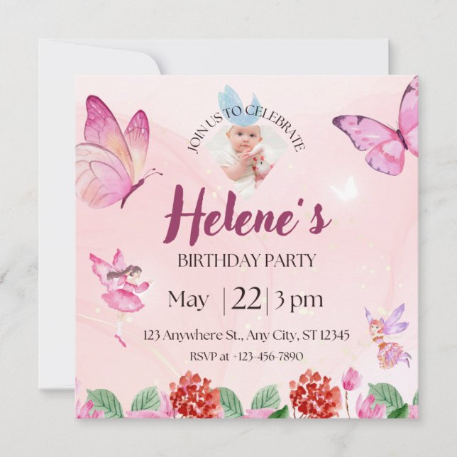 Invitación de cumpleaños de mariposa ilustrativa r (Anverso)