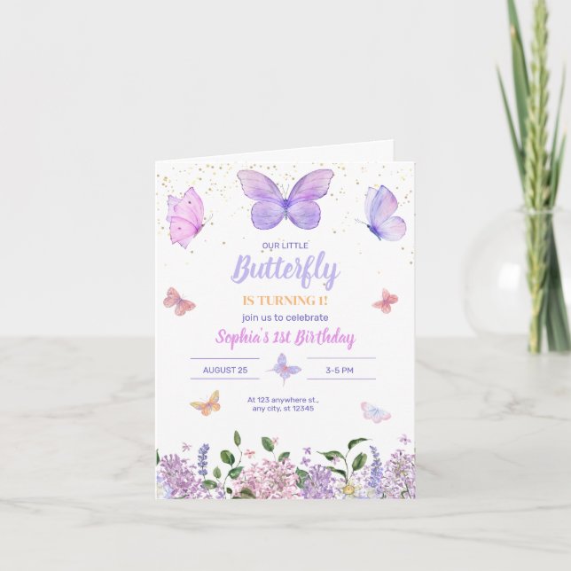 Invitación de cumpleaños de mariposa, jardín de fl (Anverso)