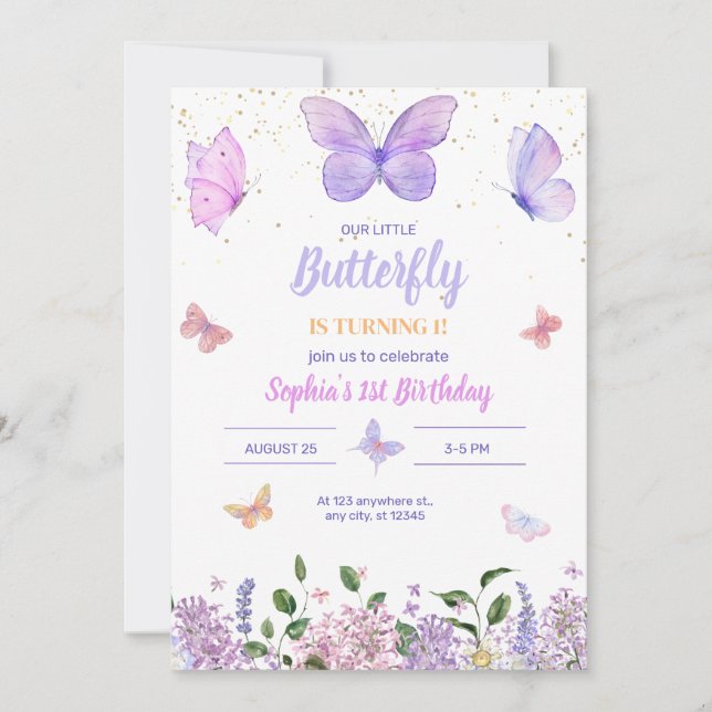 Invitación de cumpleaños de mariposa, jardín de fl (Anverso)