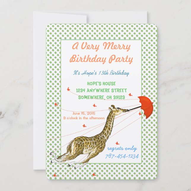 Invitación de cumpleaños de mariposa jirafa (Anverso)
