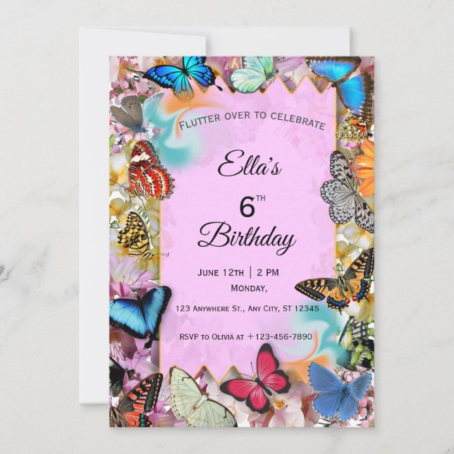 Invitación de cumpleaños de mariposa linda (Anverso)