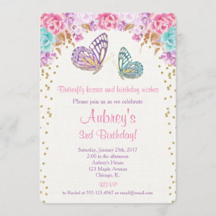 Invitación de cumpleaños de mariposa, oro púrpura 