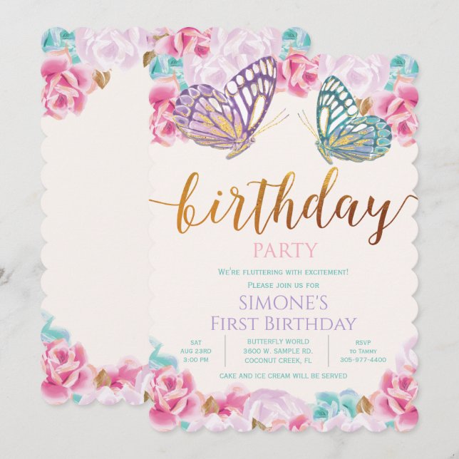 INVITACIÓN DE CUMPLEAÑOS DE MARIPOSA PARA CUALQUIE (Anverso / Reverso)