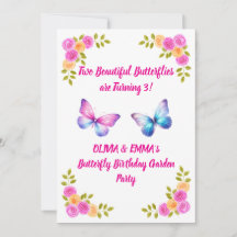 Invitación de cumpleaños de mariposa para gemelas 