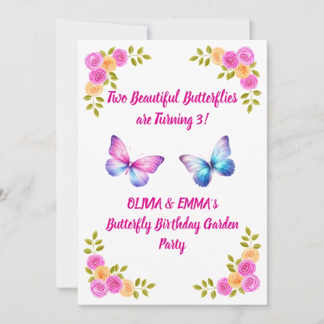 Invitación de cumpleaños de mariposa para gemelas  (Anverso)