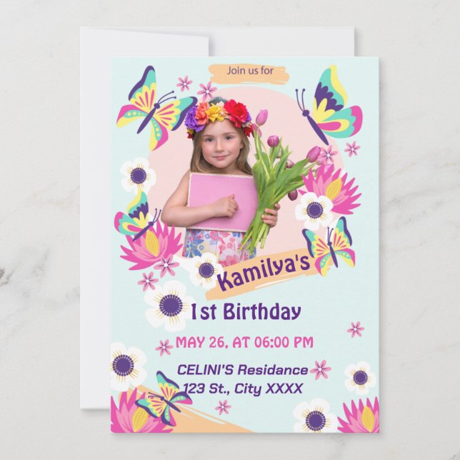 Invitación de cumpleaños de mariposa plana con fot (Anverso)