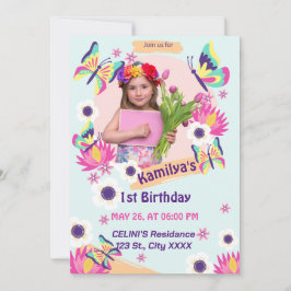 Invitación de cumpleaños de mariposa plana con fot