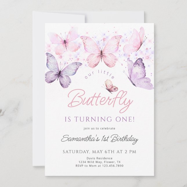 Invitación de cumpleaños de mariposa, primer cumpl (Anverso)
