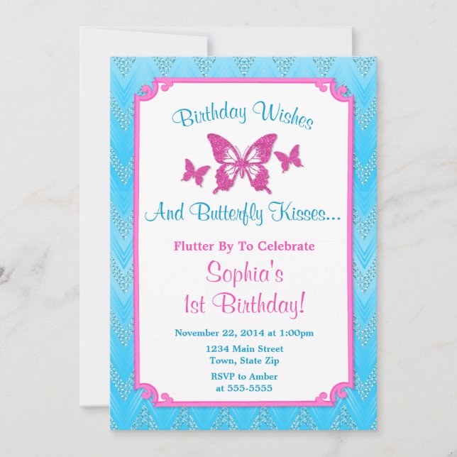 Invitación de cumpleaños de mariposa Primer cumple (Anverso)