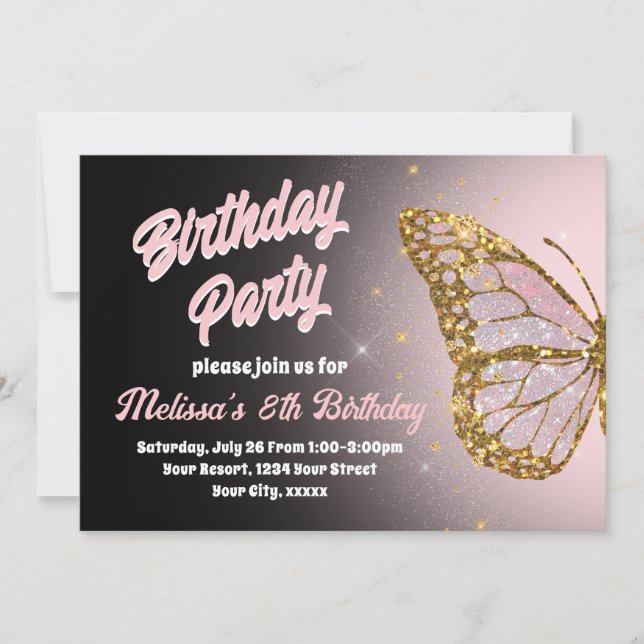 Invitación de cumpleaños de mariposa rosa (Anverso)