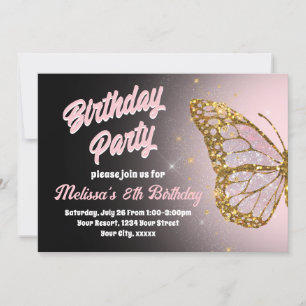Invitación de cumpleaños de mariposa rosa