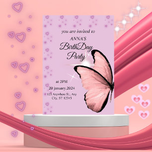 Invitación de cumpleaños de mariposa rosa