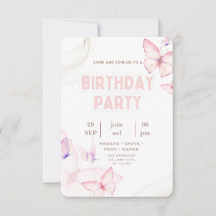 Invitación de cumpleaños de mariposa rosa elegante
