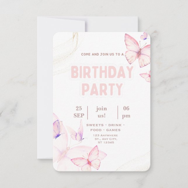 Invitación de cumpleaños de mariposa rosa elegante (Anverso)