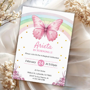 Invitación de cumpleaños de mariposa rosa elegante