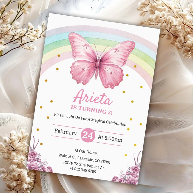 Invitación de cumpleaños de mariposa rosa elegante (Subido por el creador)