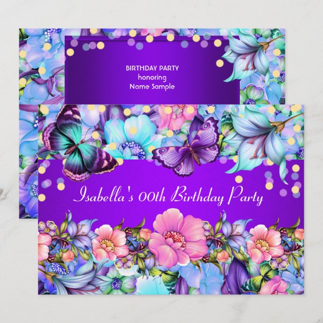 Invitación de cumpleaños de mariposa rosa púrpura  (Anverso / Reverso)