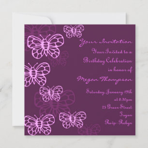 Invitación de cumpleaños de mariposa rosa y morado