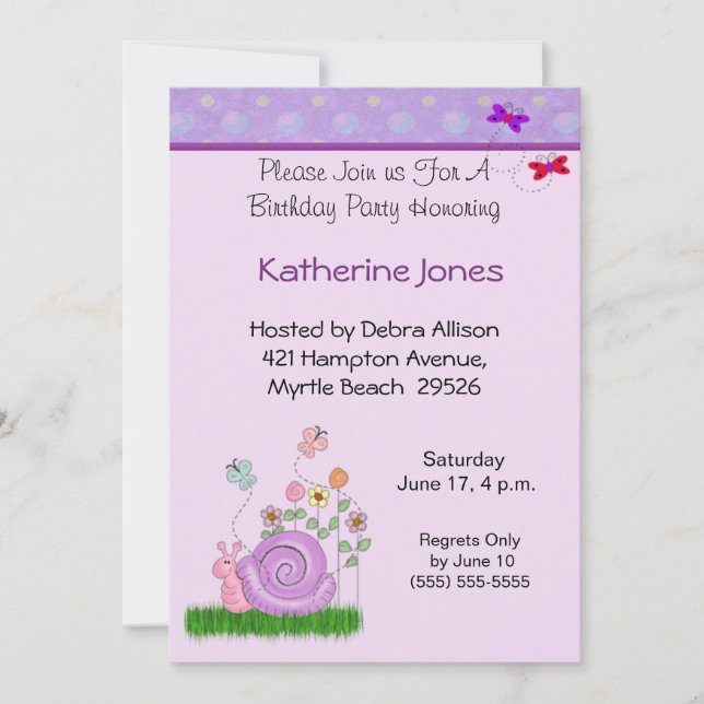 Invitación de cumpleaños de mariposa y caracol (Anverso)